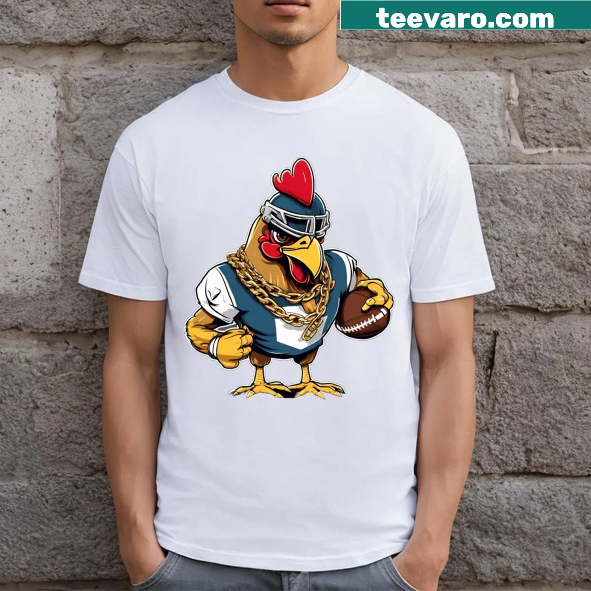 Funny graphic t-shirt featuring Chicken Thuggets quarterback character — on a men's t-shirt