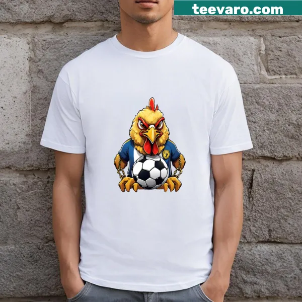 Whimsical chicken nuggets in soccer gear graphic on a t-shirt