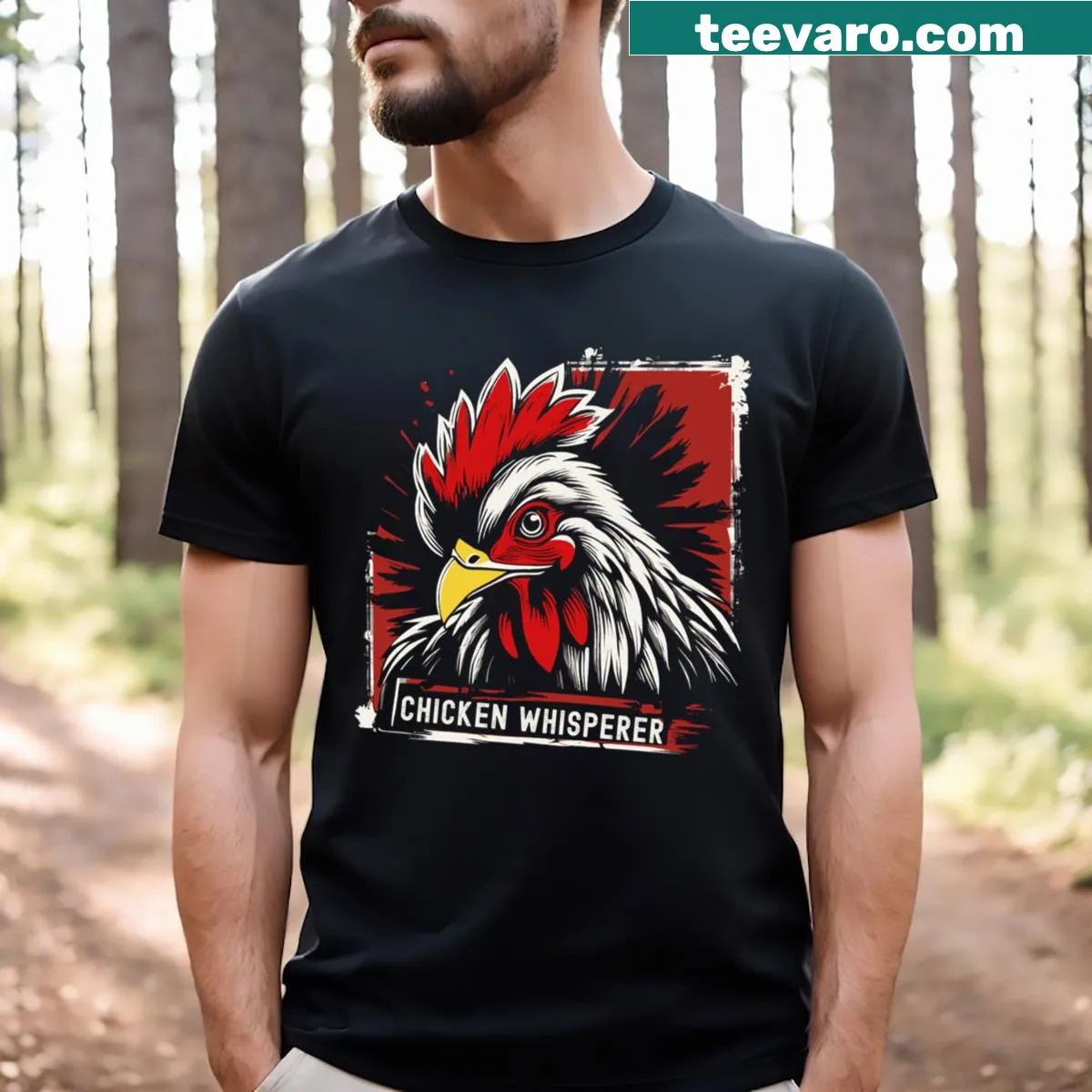 Funny t-shirt with 'Chicken Whisperer' phrase for poultry lovers — on a men's t-shirt
