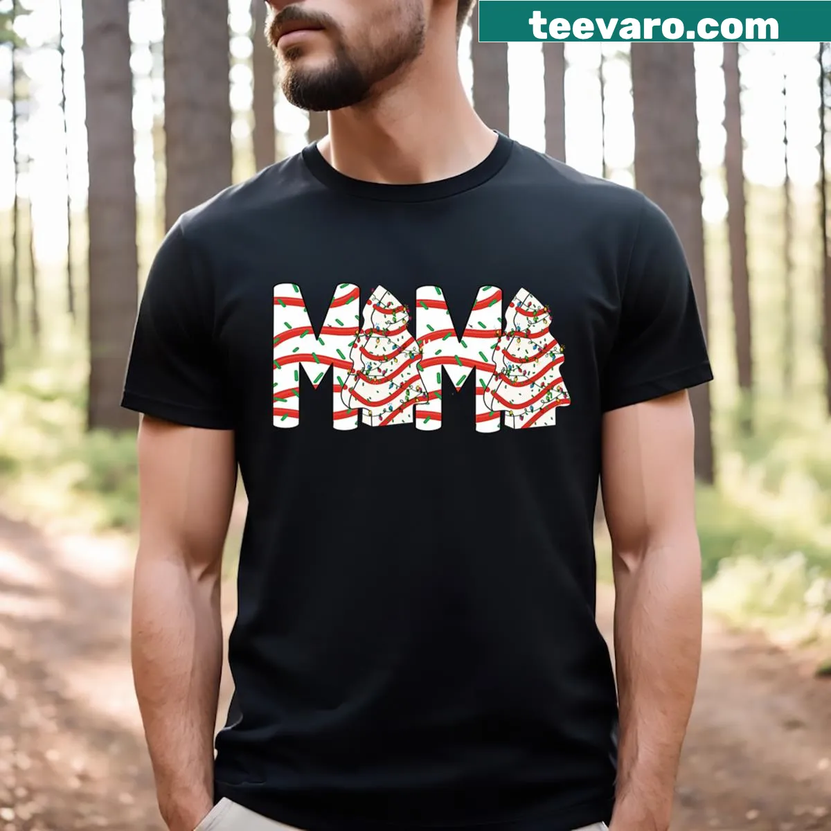 T-shirt with Christmas tree cake design for moms — on a men's t-shirt