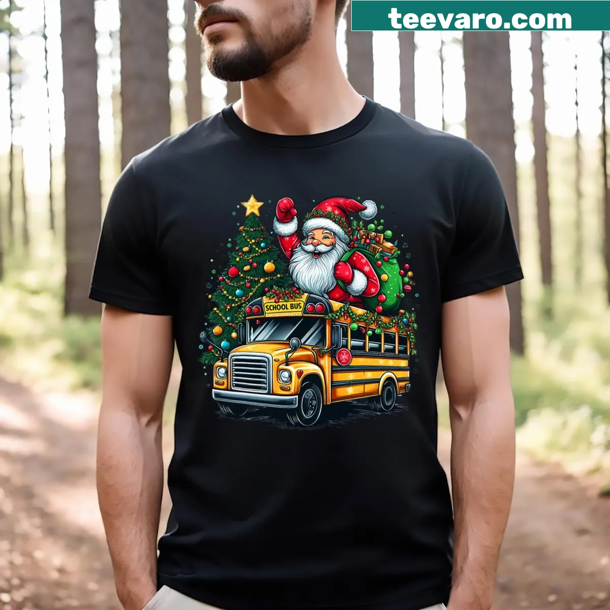 Cartoon graphic of a school bus decorated as a Christmas tree — on a men's t-shirt