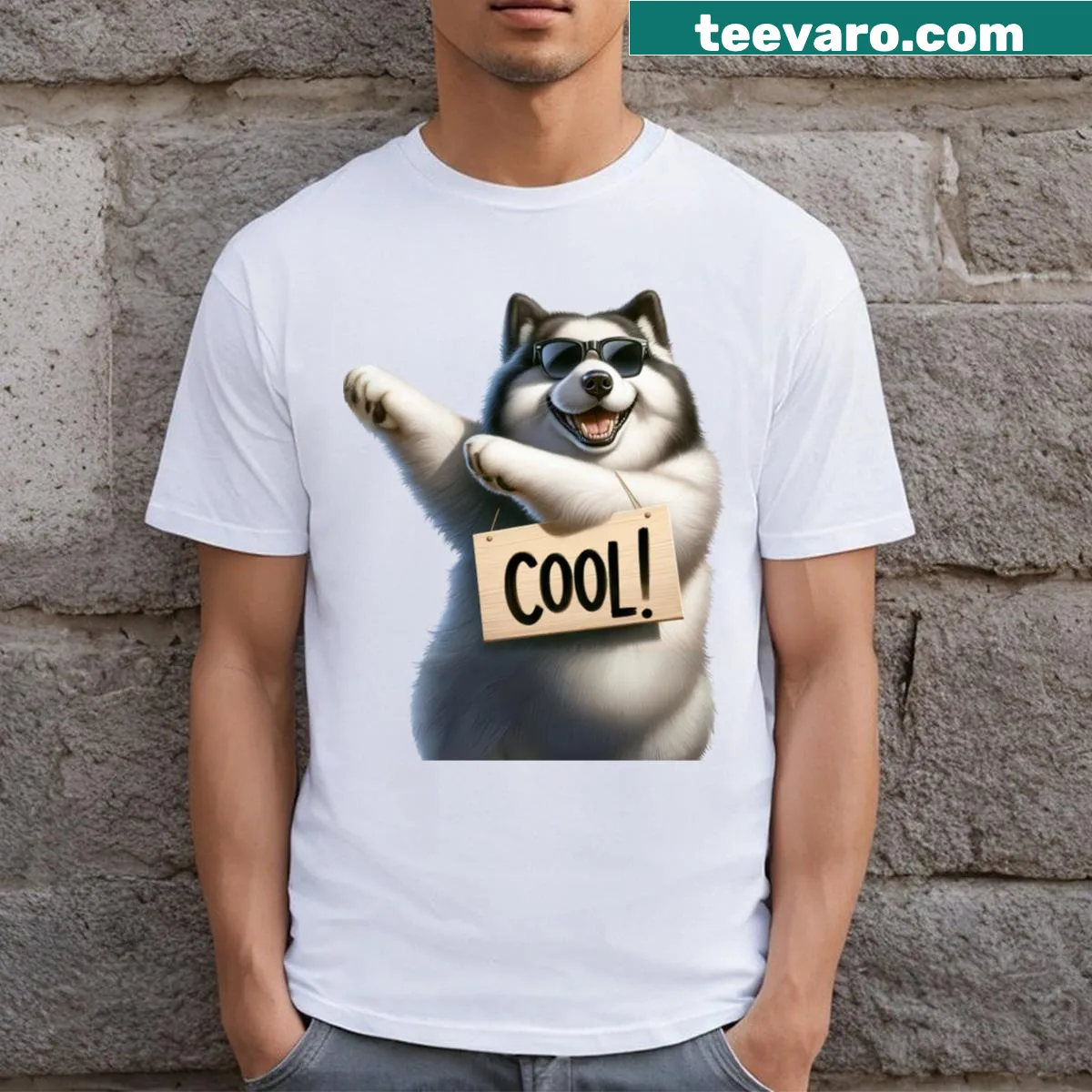 Cartoon dabbing husky graphic T-shirt — on a men's t-shirt