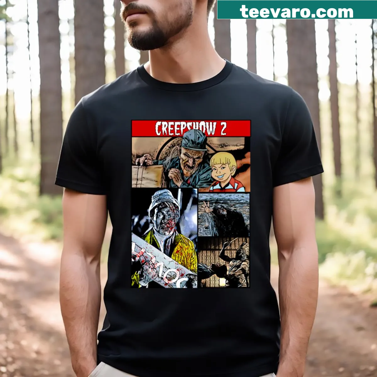 Creepshow 2 poster art T-shirt featuring horror illustrations — on a men's t-shirt