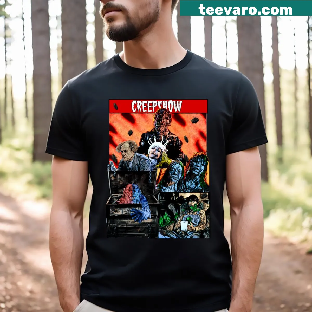 Creepshow t-shirt with horror-themed poster art — on a men's t-shirt