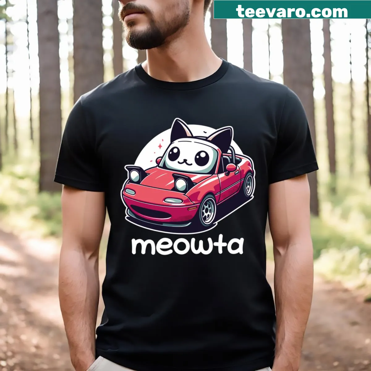 Cute Miata designed as a cat t-shirt featuring a playful car-cat illustration. — on a men's t-shirt
