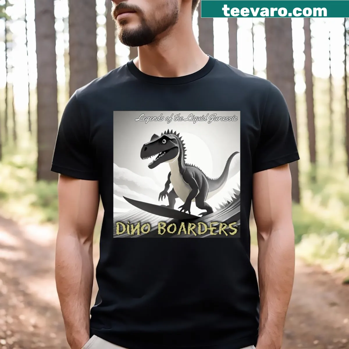 Funny t-shirt with cartoon dinosaurs surfing on waves. — on a men's t-shirt