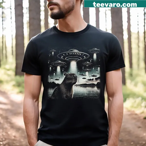 Funny T-shirt with a capybara, UFOs, and a selfie theme