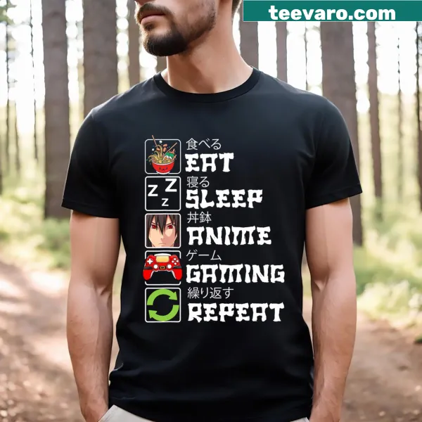 T-shirt featuring the phrase 'Eat Sleep Anime Gaming Repeat' in a playful design