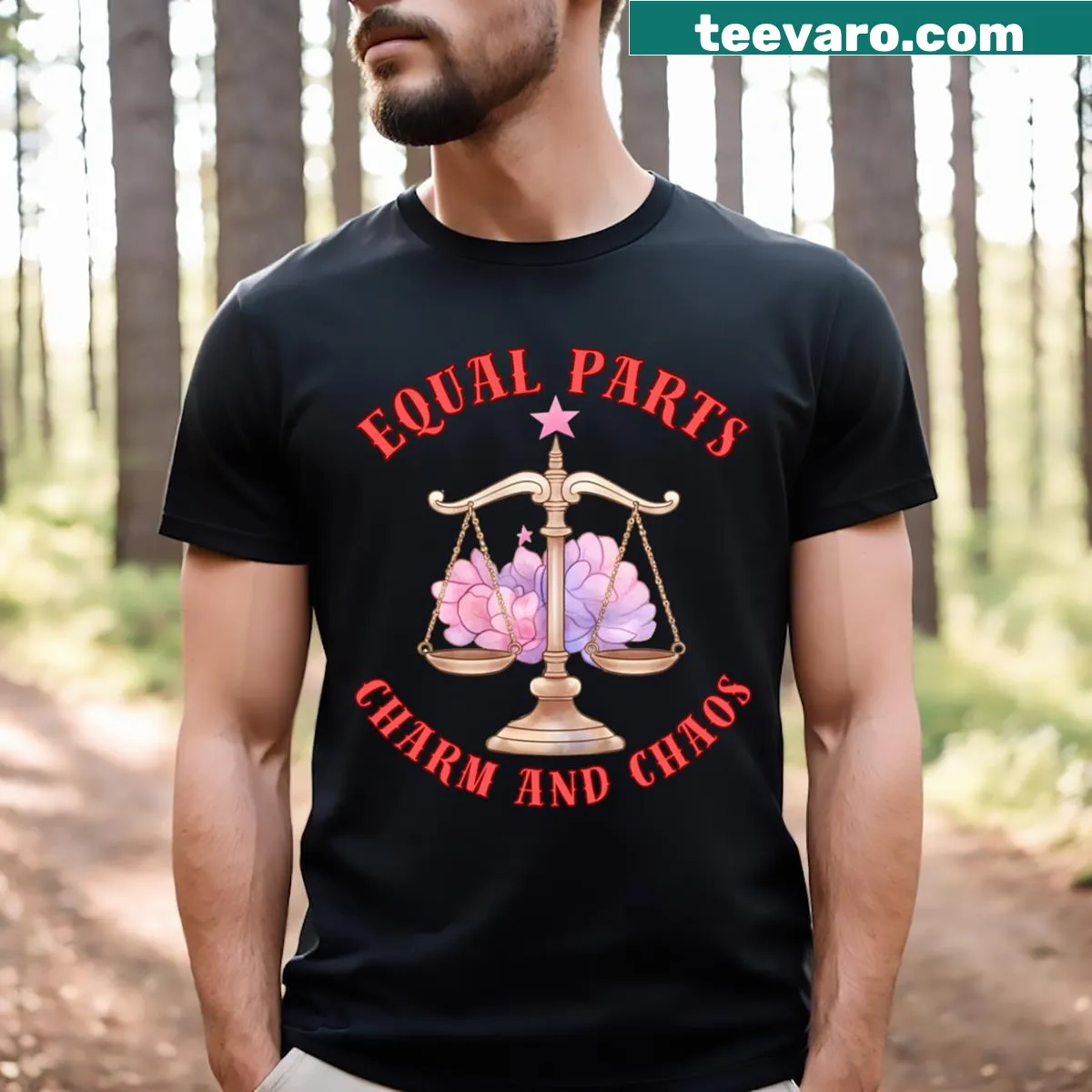 Funny Libra t-shirt with the text 'Equal Parts Charm And Chaos' — on a men's t-shirt