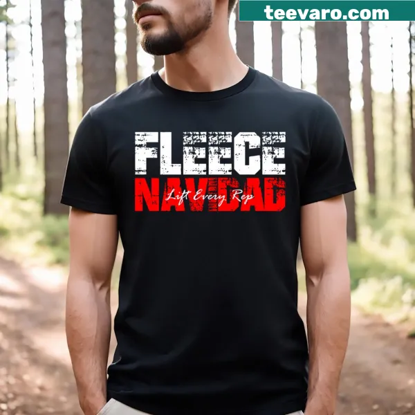 Humorous Christmas fitness t-shirt with the phrase 'Fleece Navidad Lift Every Rep'