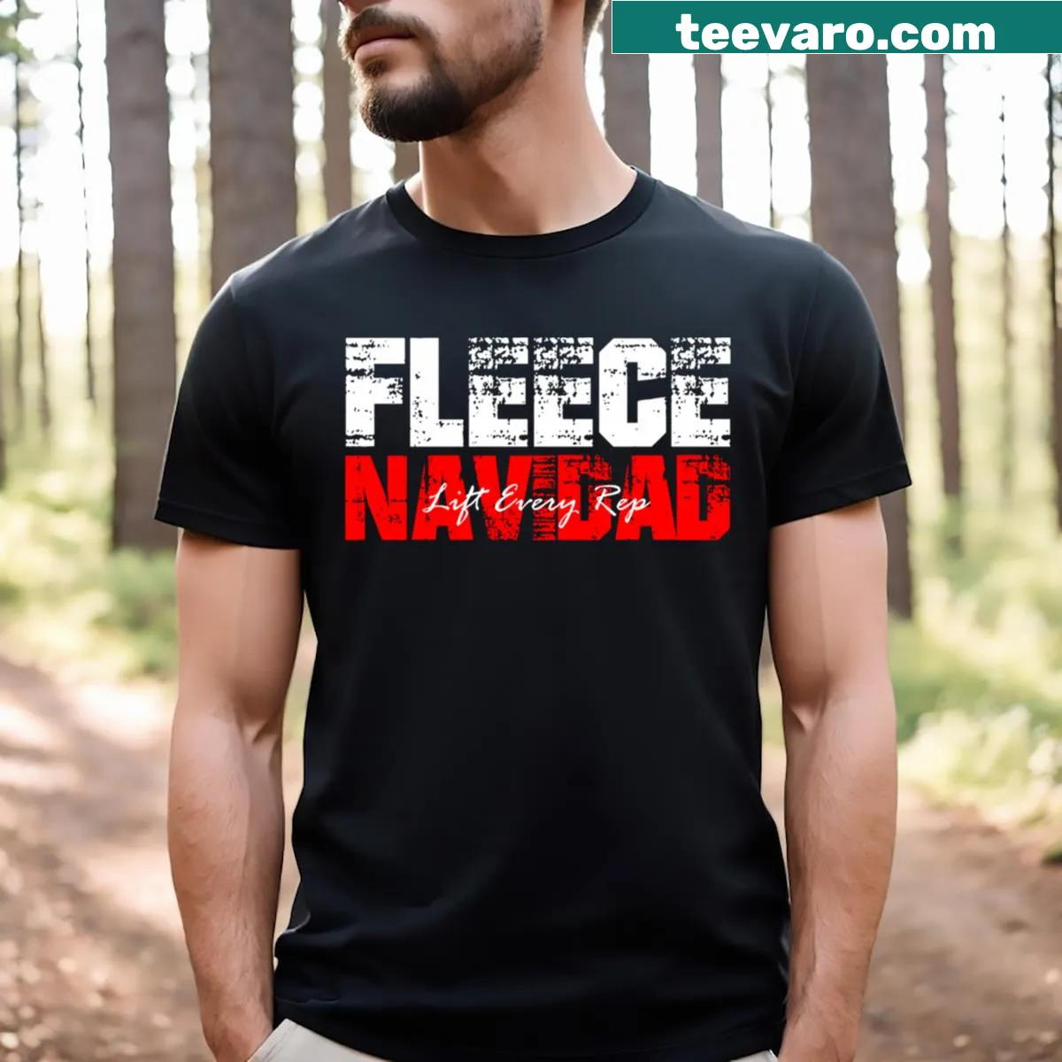 Humorous Christmas fitness t-shirt with the phrase 'Fleece Navidad Lift Every Rep' — on a men's t-shirt