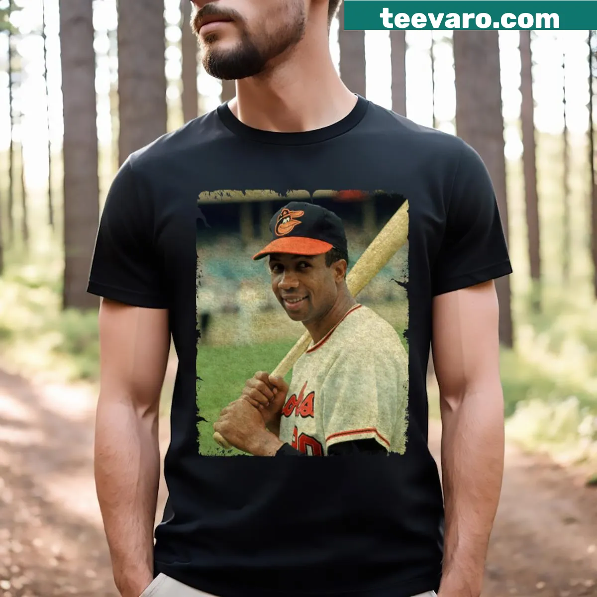T-shirt featuring Frank Robinson graphic from 1966 Orioles — on a men's t-shirt