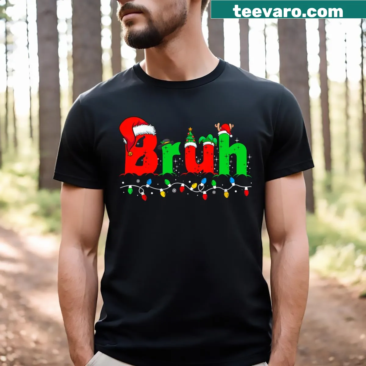 Funny pajama-themed Christmas t-shirt with 'Bruh' text — on a men's t-shirt