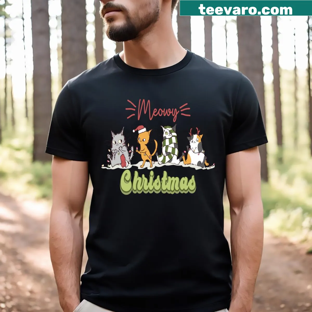 Funny 'Meowy Christmas' text with cat graphics on a tee. — on a men's t-shirt