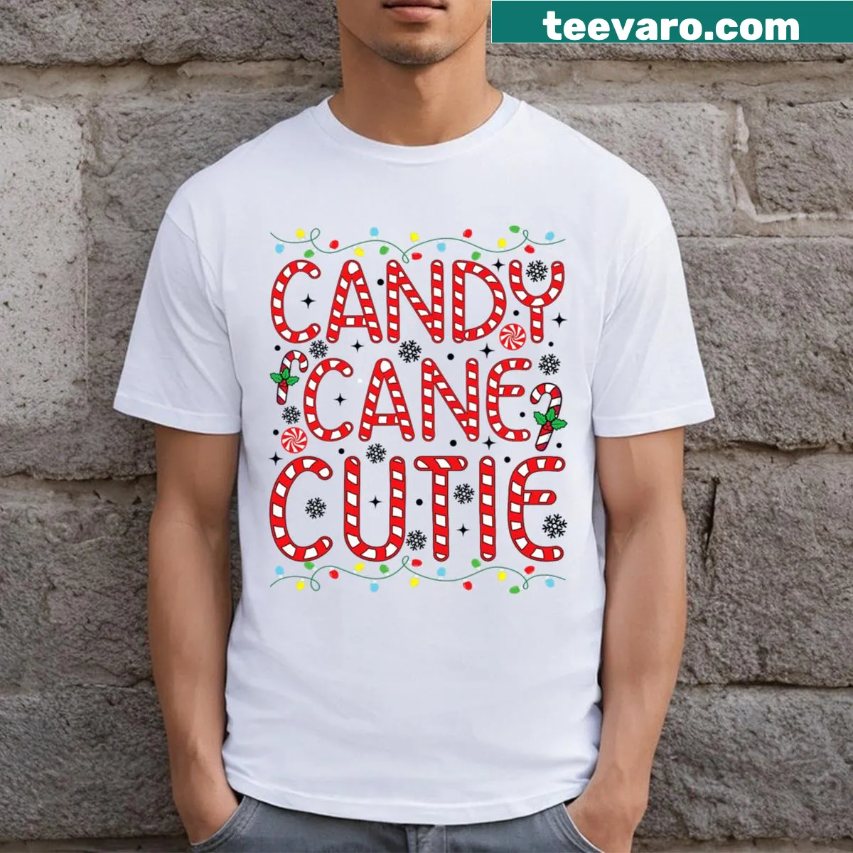 Cute Christmas candy cane lover t-shirt for couples — on a men's t-shirt