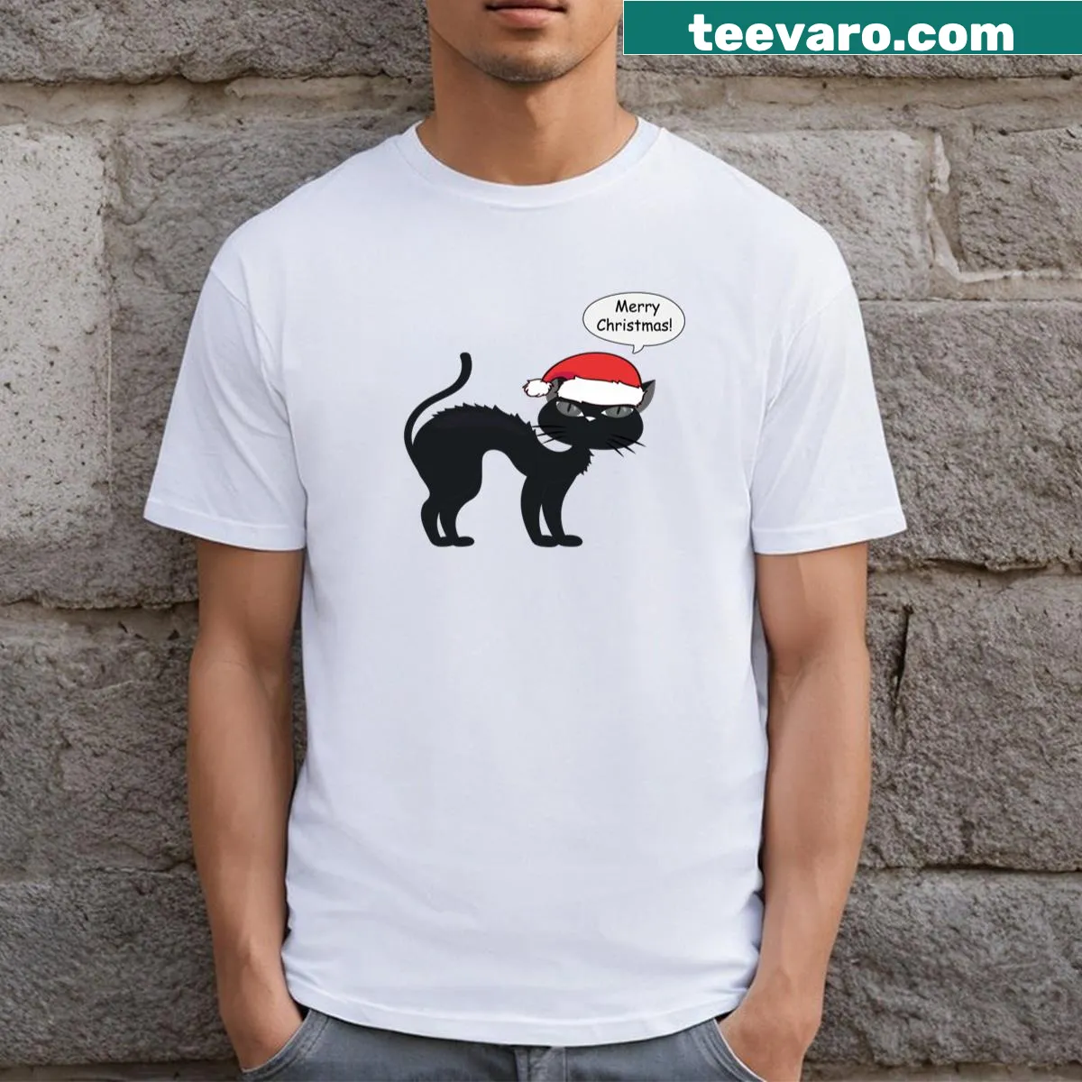 Humorous Christmas-themed cat graphic on a T-shirt. — on a men's t-shirt