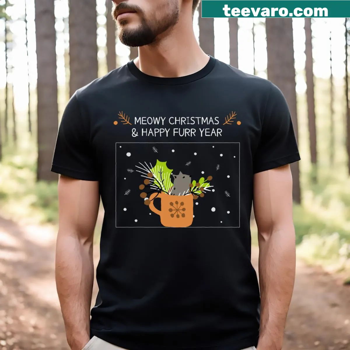Graphic t-shirt with a Meowy Christmas design featuring cats — on a men's t-shirt
