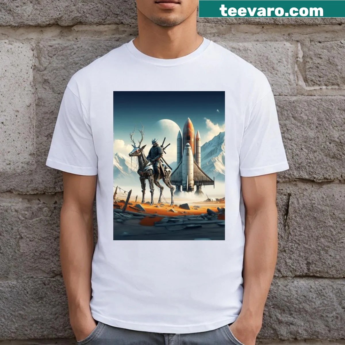 Future samurai gazing at an ancient spacecraft on a T-shirt — on a men's t-shirt