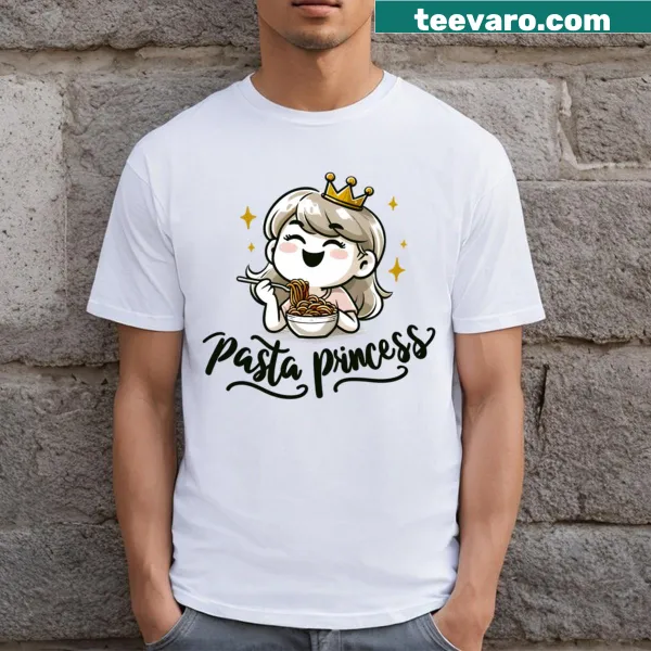 Cute illustration of a girl eating spaghetti on a t-shirt