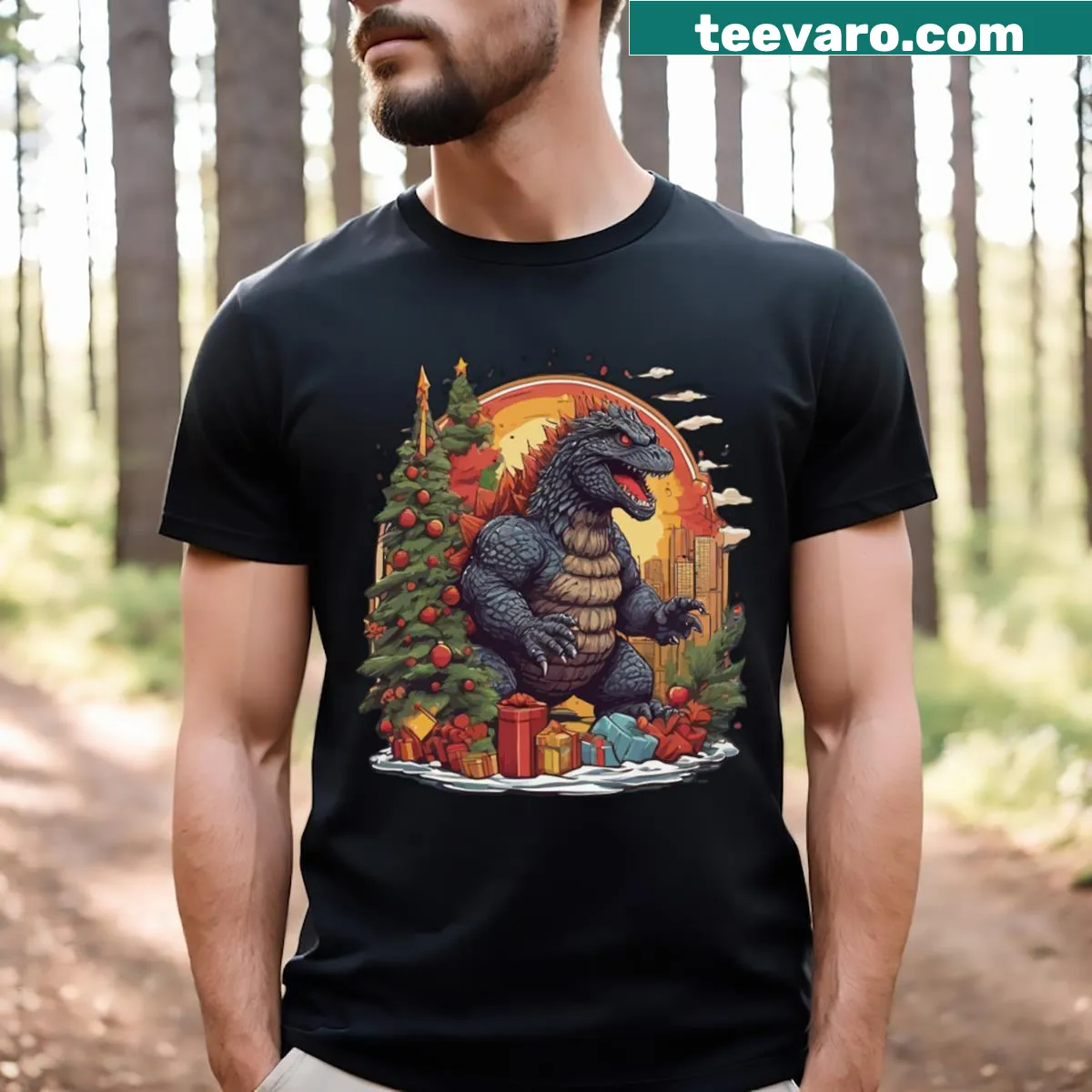 Godzilla illustrated in a festive Christmas setting on a T-shirt. — on a men's t-shirt
