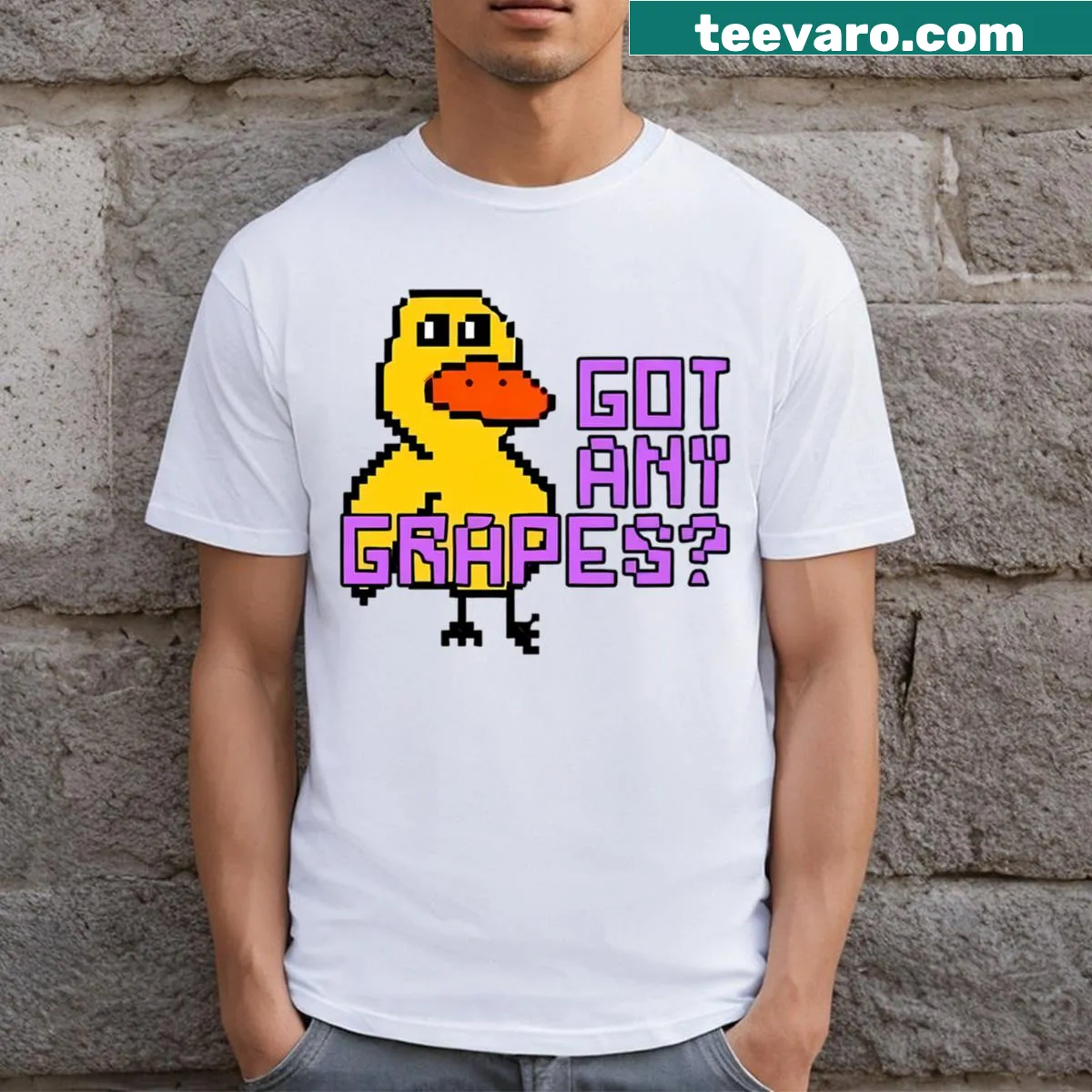 T-shirt featuring the phrase 'Got Any Grapes?' in playful typography — on a men's t-shirt