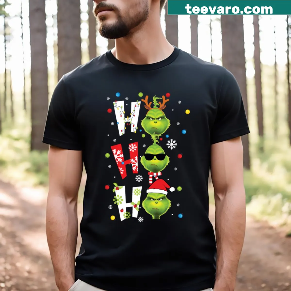 Whimsical Grinch illustration on a festive Christmas T-shirt. — on a men's t-shirt