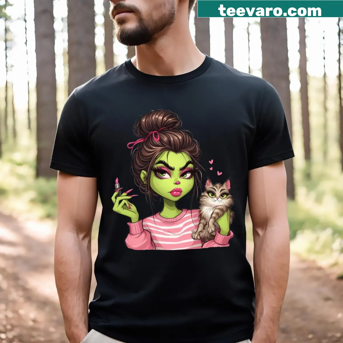Cartoon Grinch t-shirt featuring a grumpy character for kids — on a men's t-shirt