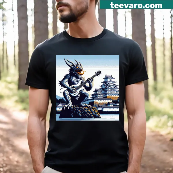 Funny graphic tee featuring a guitar monster at Himeji Castle
