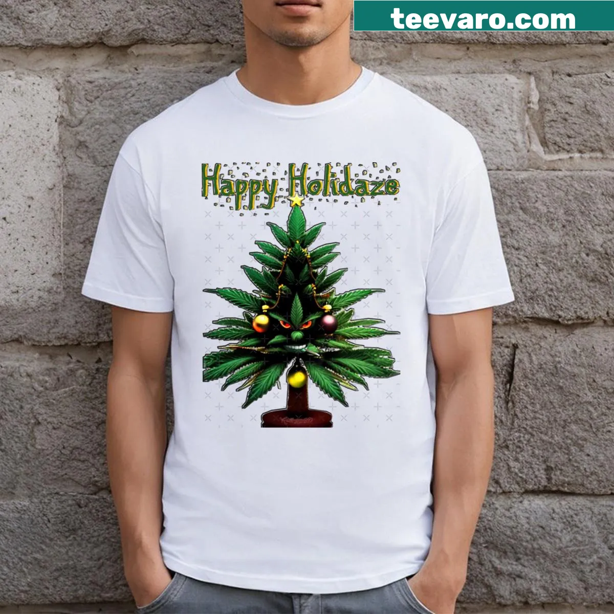T-shirt saying Happy Holidaze 2023 with festive design — on a men's t-shirt