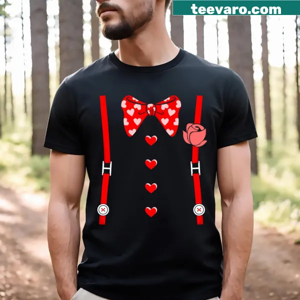 Funny T-shirt with suspenders, hearts, and bow tie for Valentine's Day