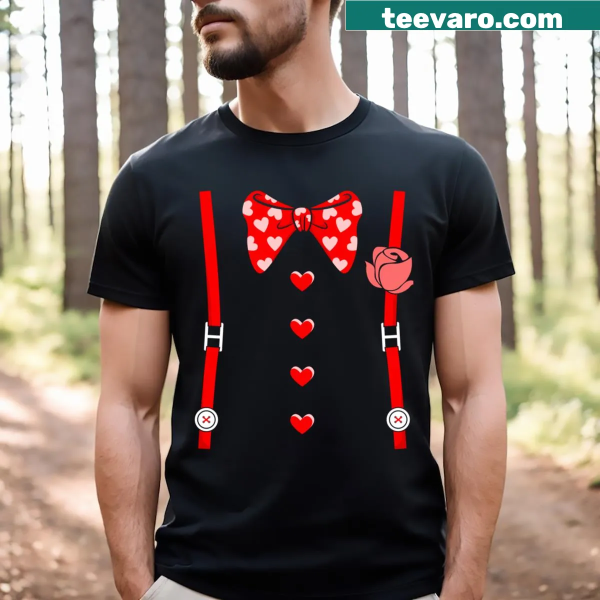 Funny T-shirt with suspenders, hearts, and bow tie for Valentine's Day — on a men's t-shirt
