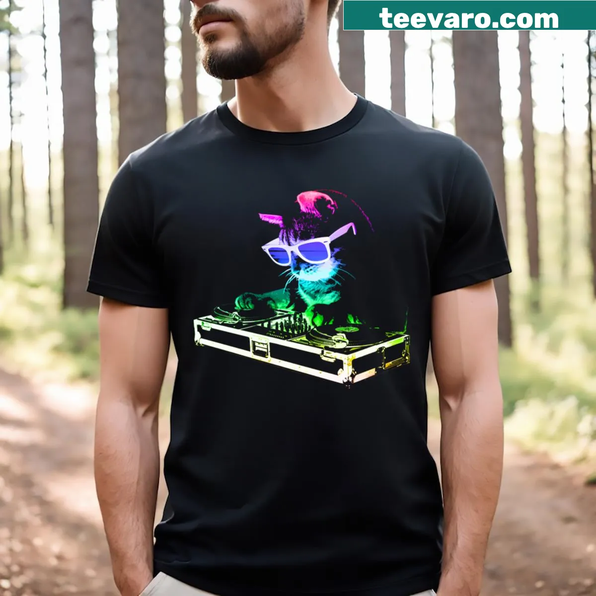 Cartoon DJ cat under a rainbow graphic on a T-shirt — on a men's t-shirt