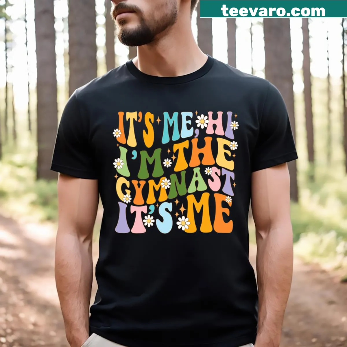 Cheerful gymnastics t-shirt with 'I Am The Gymnast' text and daisies — on a men's t-shirt