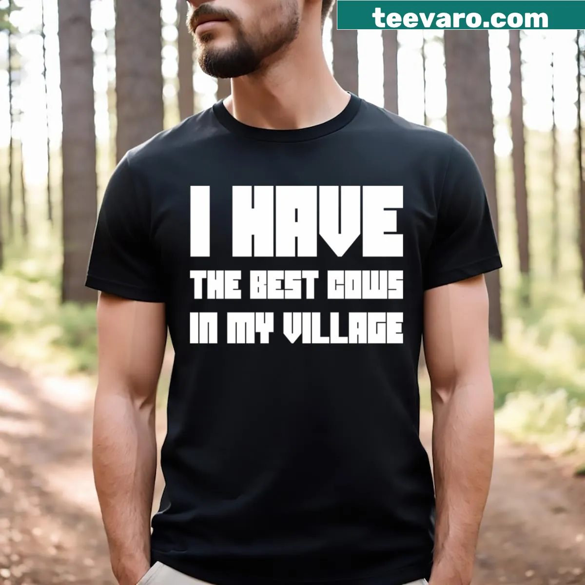 Whimsical t-shirt design featuring cows and rural life — on a men's t-shirt