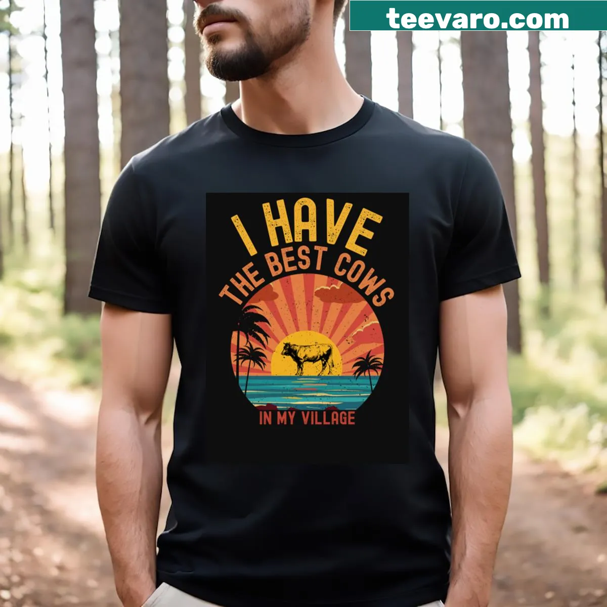 Delightful t-shirt with cow illustration celebrating rural life — on a men's t-shirt