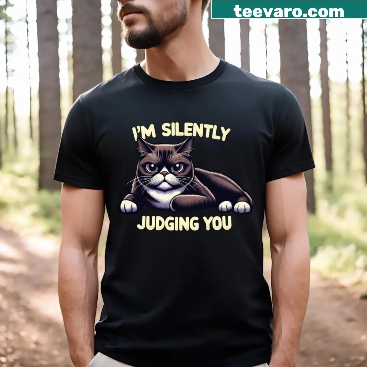 Funny t-shirt with cat graphic and humorous quote — on a men's t-shirt