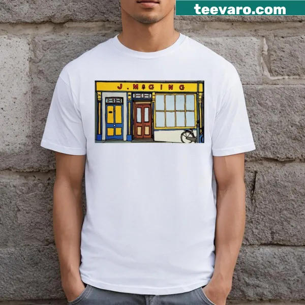 Illustrated pub-themed t-shirt with the name J Mcging.