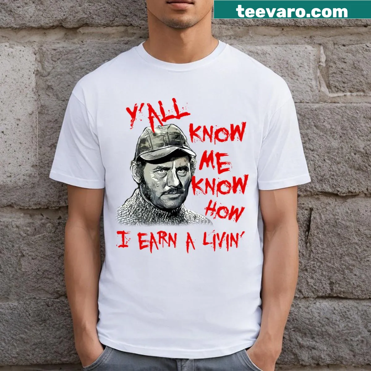 Nautical-themed T-shirt with Quint's quote 'Y'all Know Me' — on a men's t-shirt