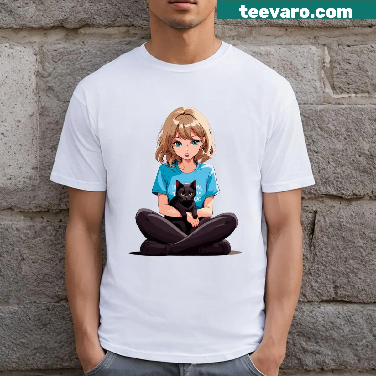 Illustrated T-shirt featuring a cat with the phrase 'Karma Is A Cat'. — on a men's t-shirt