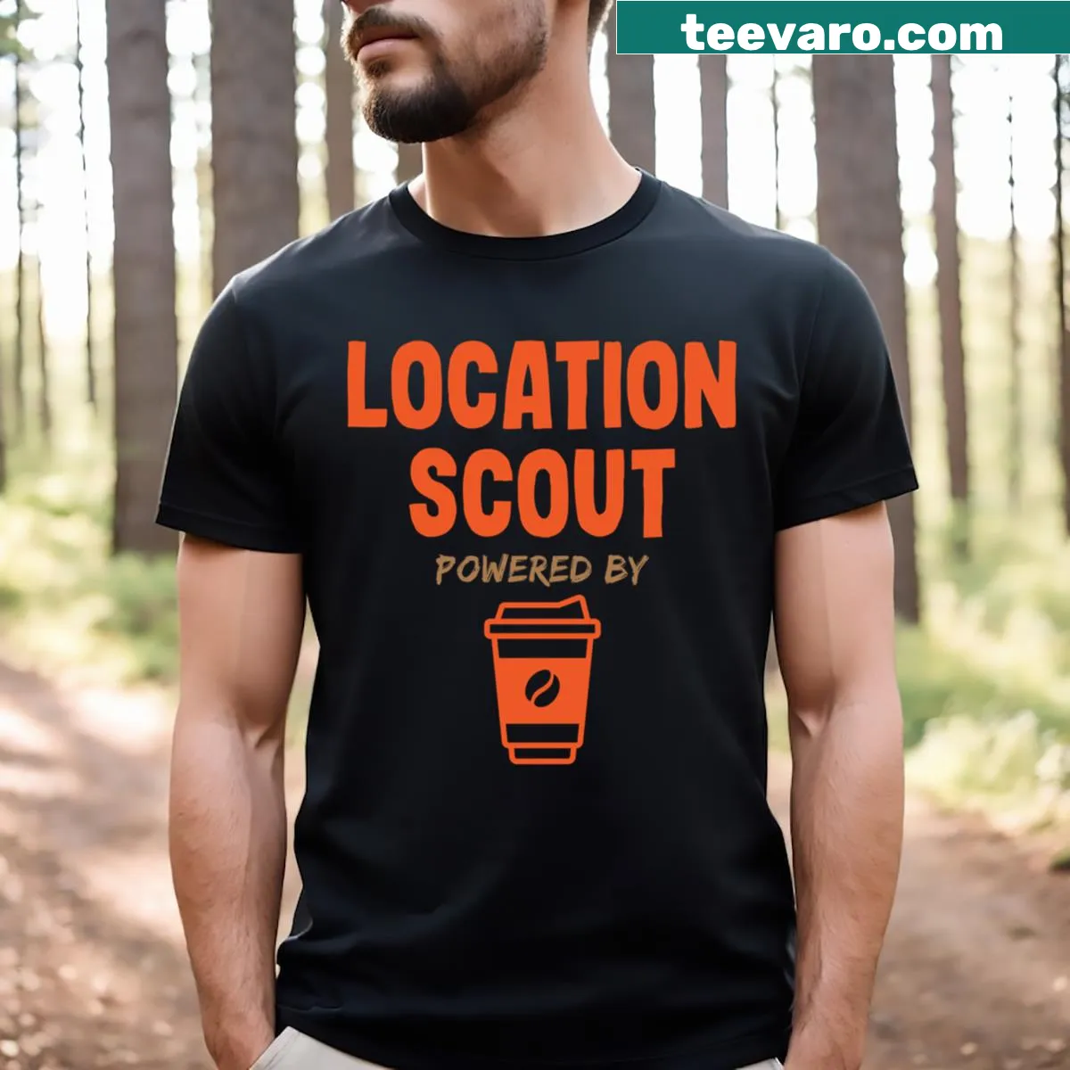 T-shirt showcasing 'Location Scout Powered By Coffee' slogan — on a men's t-shirt