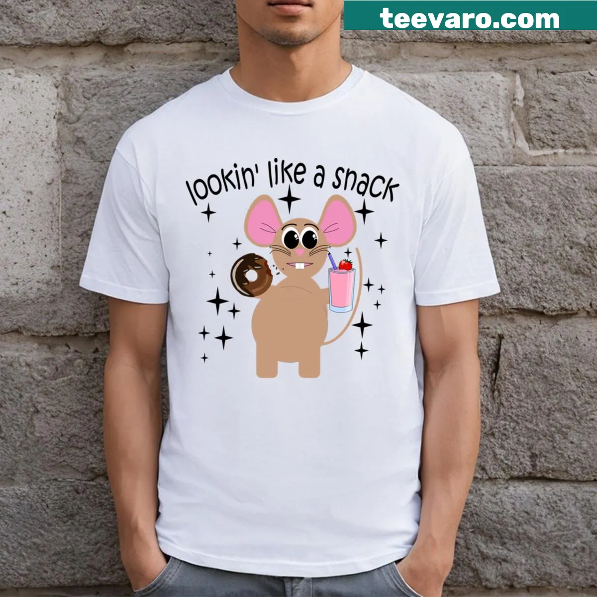 Cute mouse eating a snack graphic on a T-shirt. — on a men's t-shirt