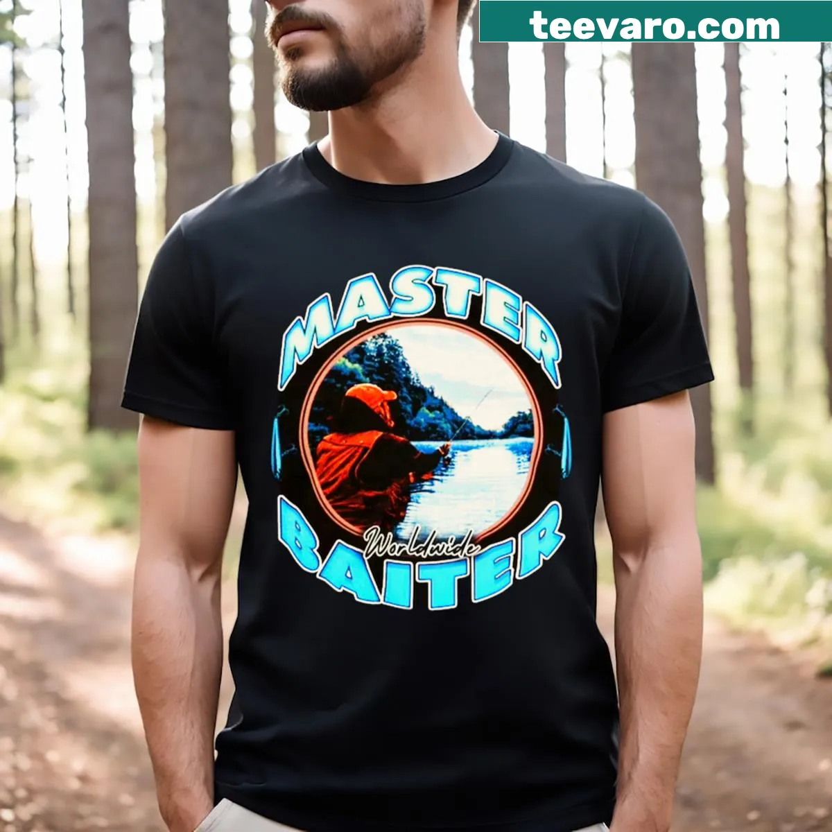Funny t-shirt with the text 'Master Baiter' for fishing enthusiasts — on a men's t-shirt