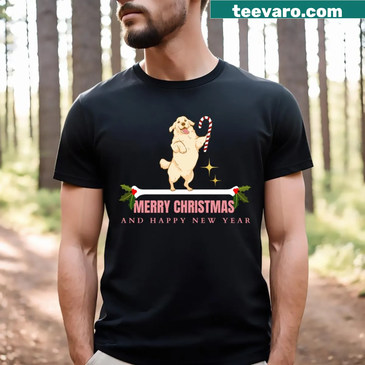 V-neck Christmas t-shirt for dog lovers featuring festive dog motifs — on a men's t-shirt