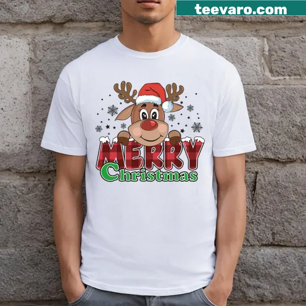 Illustration of a cartoon reindeer for Christmas in a festive T-shirt.