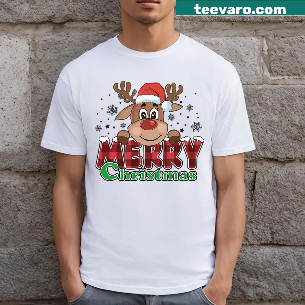 Illustration of a cartoon reindeer for Christmas in a festive T-shirt. — on a men's t-shirt