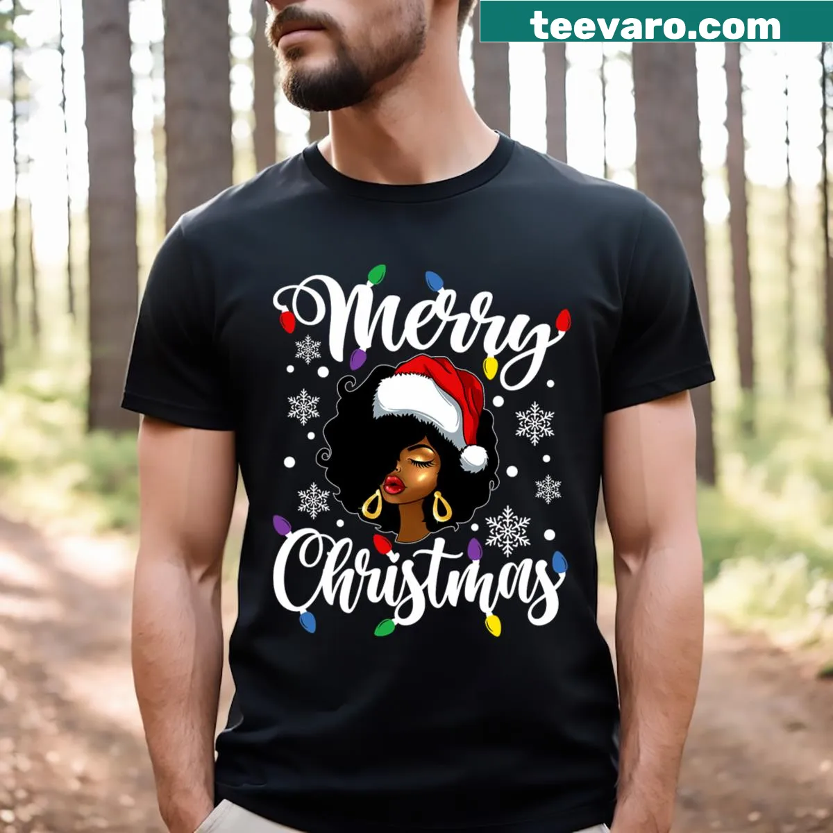 Illustrated T-shirt featuring a Black woman with Christmas lights — on a men's t-shirt