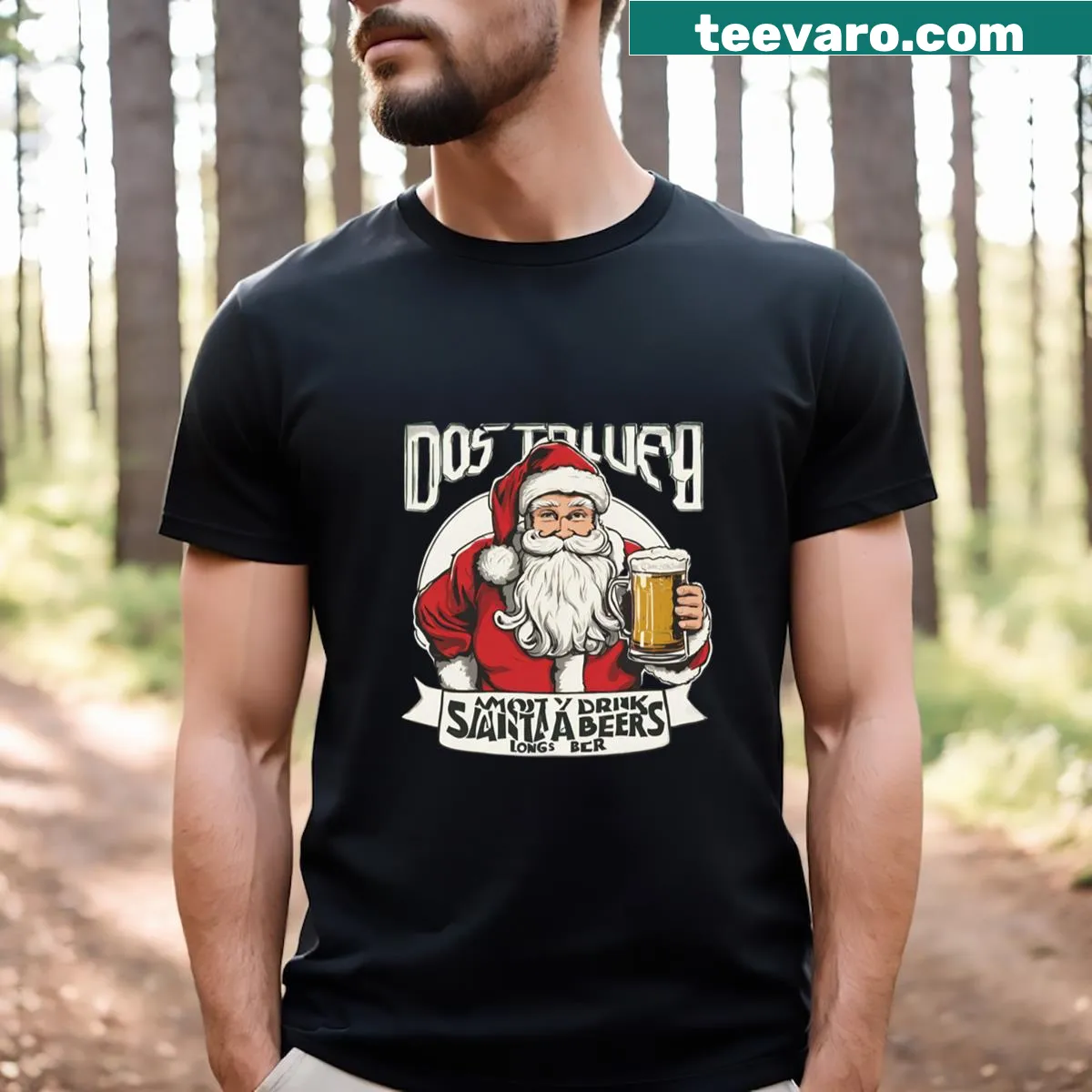 Funny Christmas T-shirt stating 'Most Likely To Drink Santa's Beer' — on a men's t-shirt