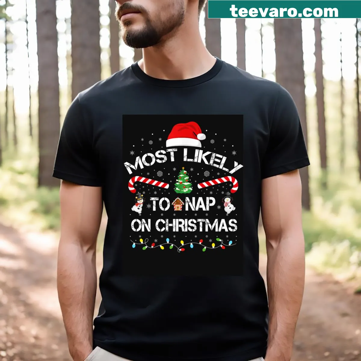 T-shirt with text 'Most Likely To Nap On Christmas' and reindeer graphics — on a men's t-shirt