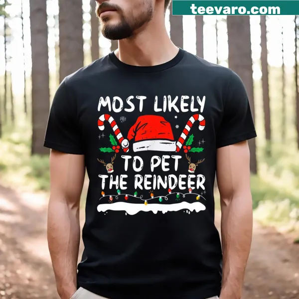 Funny family kids t-shirt about petting reindeer.