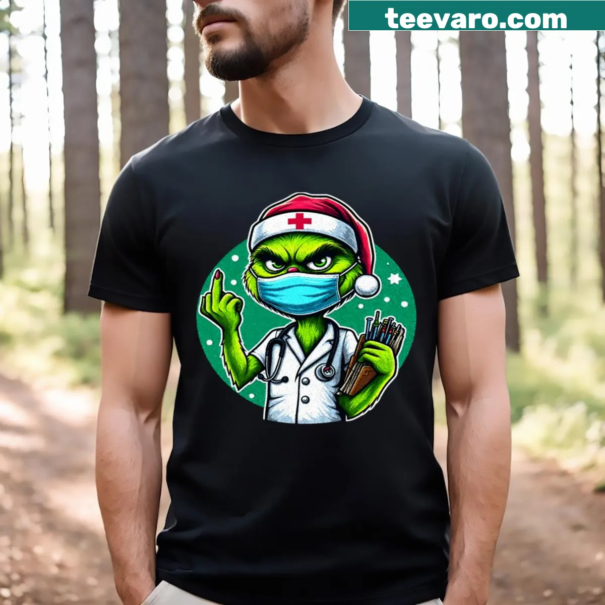 Nurse t-shirt featuring Grinch theme and edgy graphic — on a men's t-shirt